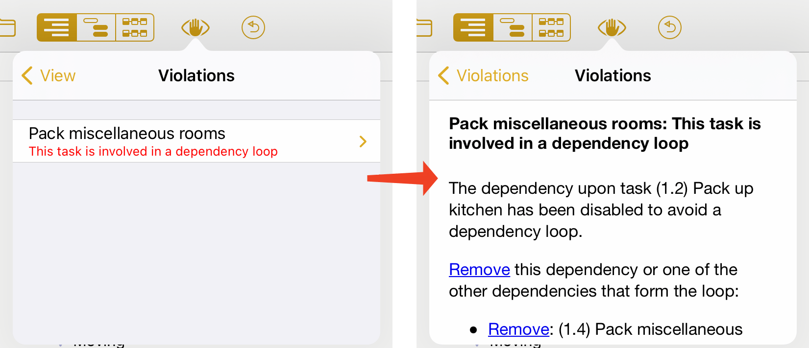 Violation resolution suggestions in the View menu.