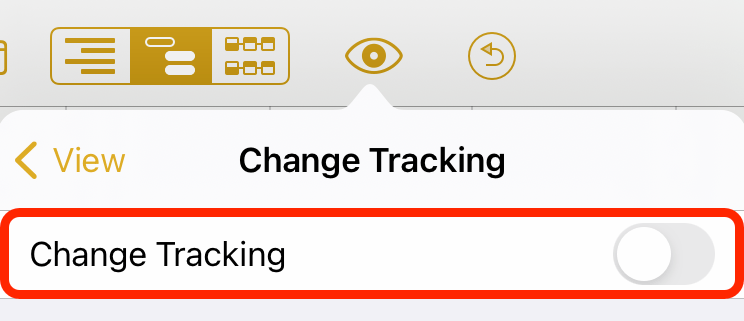 The View menu, showing the switch used to turn Change Tracking on or off