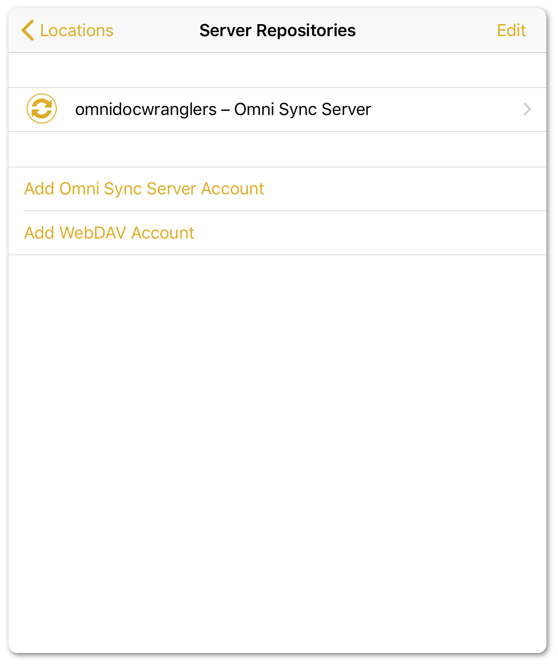 The Server Repositories screen lists available sync servers that you can use for publishing or subscribing to an OmniPlan project file.