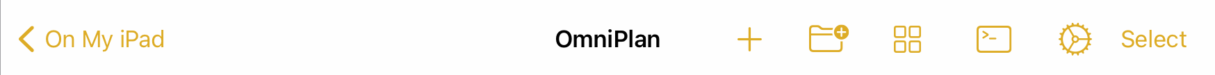 The toolbar you see at the top of your device while viewing the contents of a folder in OmniPlan's document browser