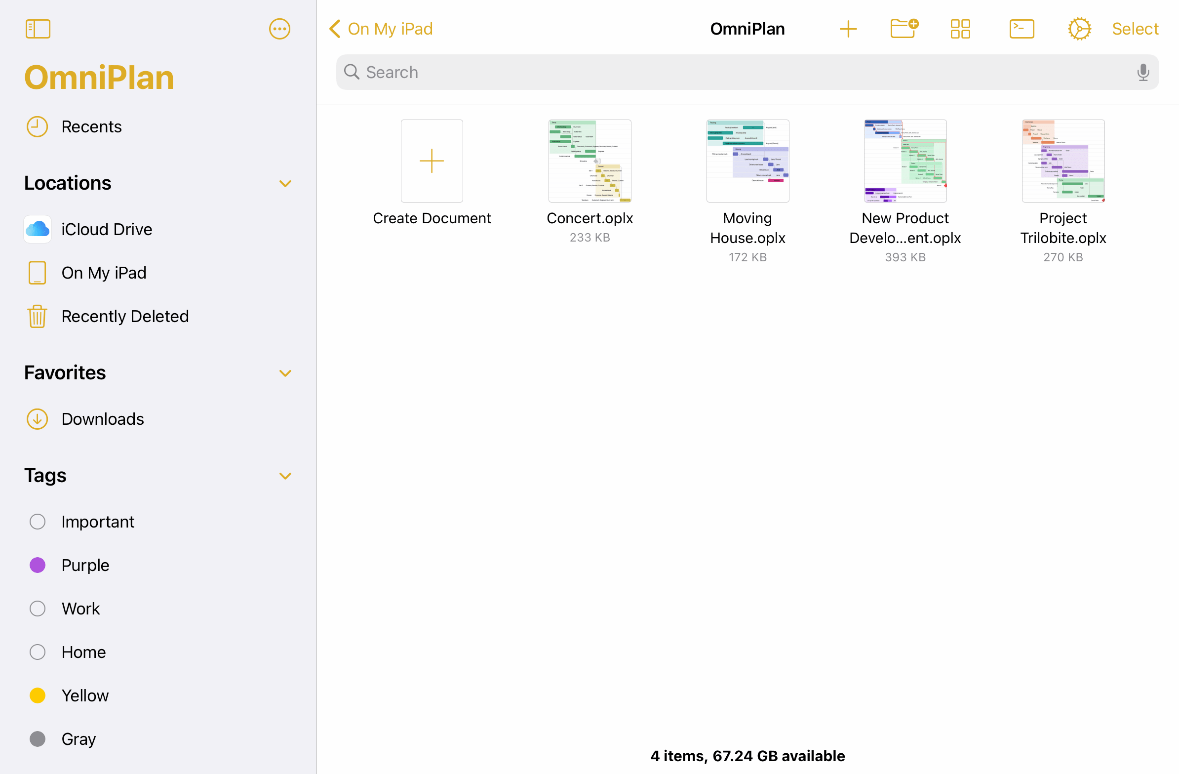 The Document Browser in OmniPlan 4 for iPad, iPhone, and Apple Vision Pro.