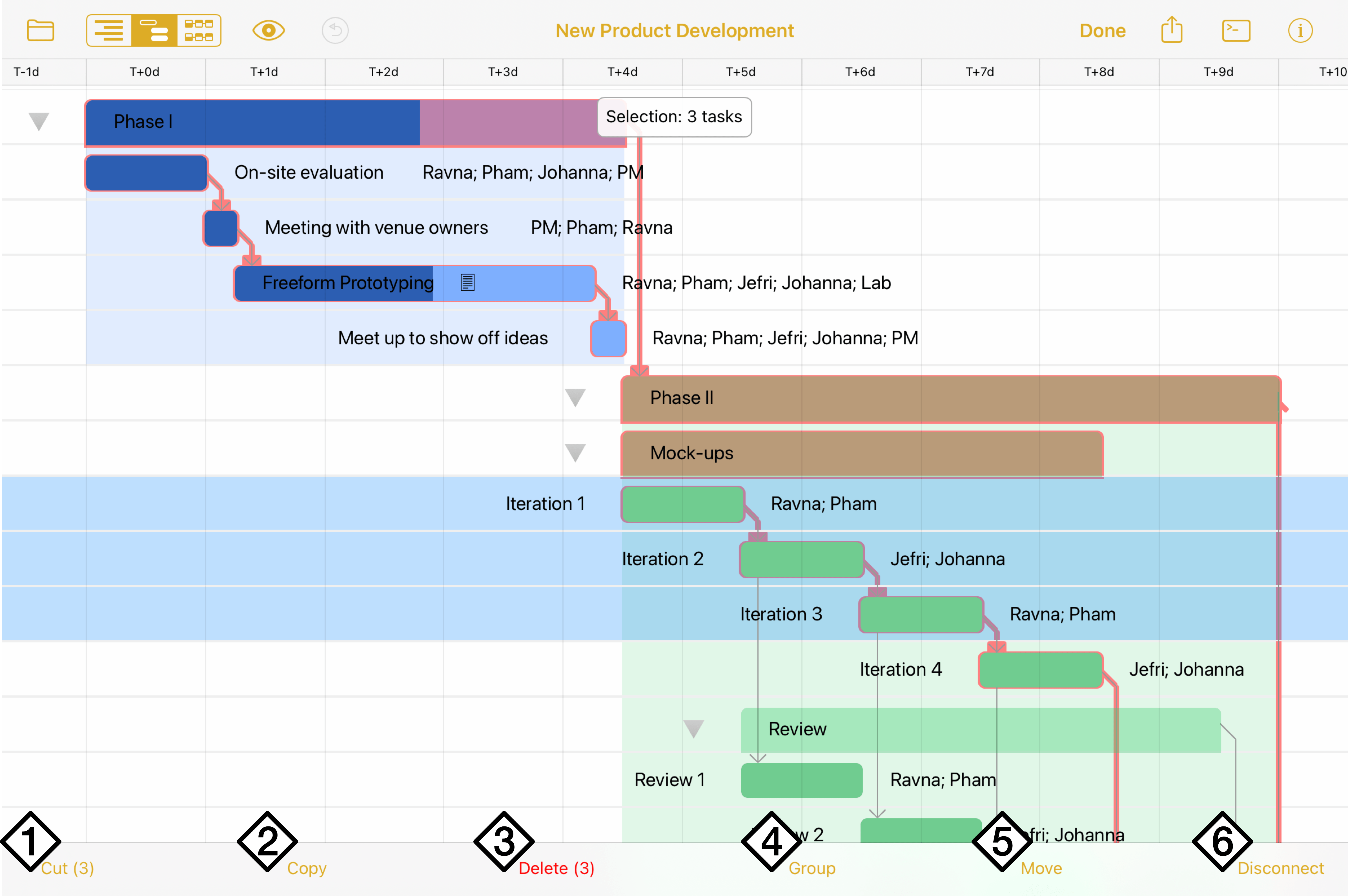 Selection Mode in the OmniPlan 4 for iPad, iPhone, and Apple Vision Pro Gantt view.