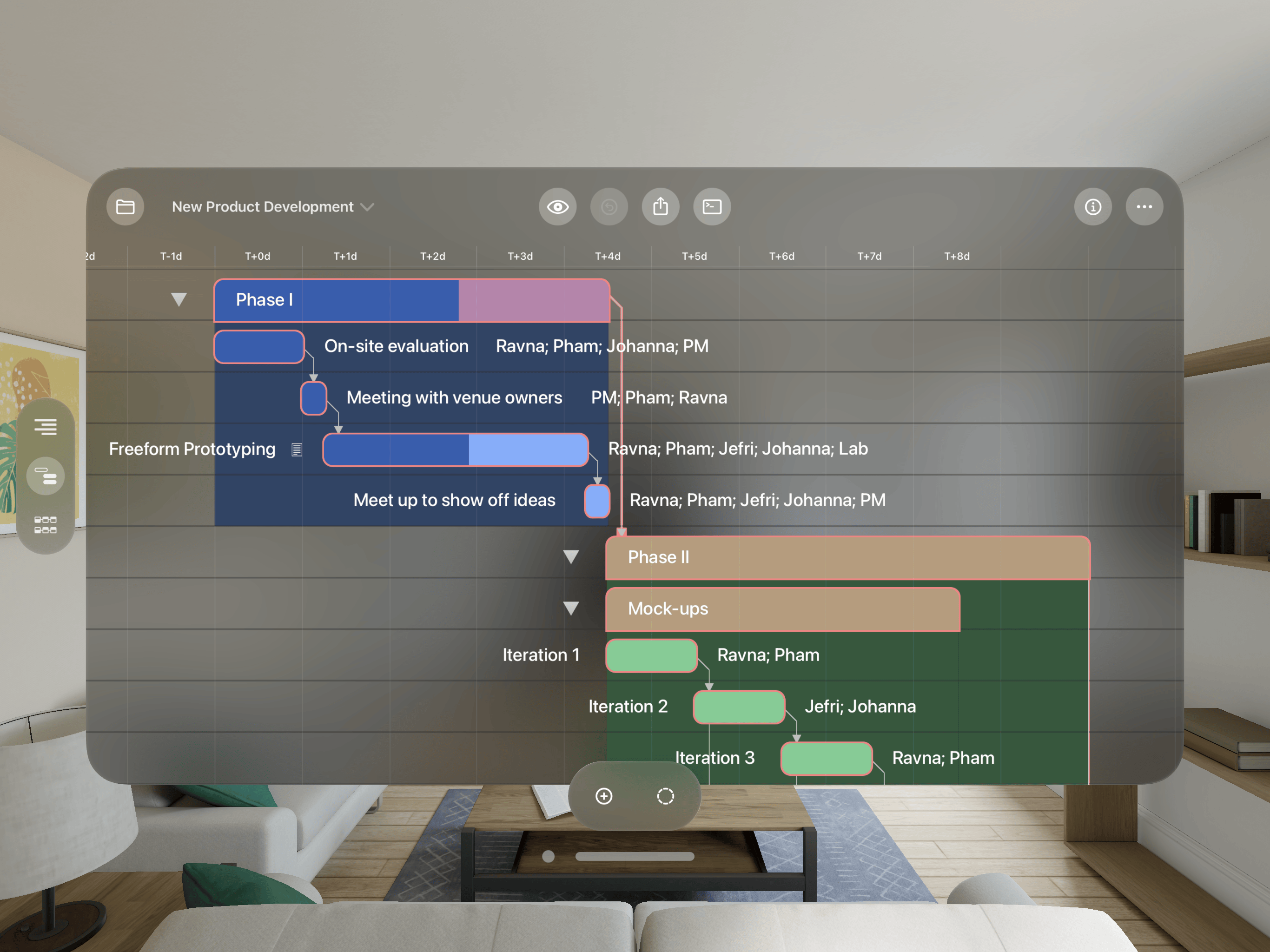 The Gantt view in OmniPlan 4 for iPad, iPhone, and Apple Vision Pro.