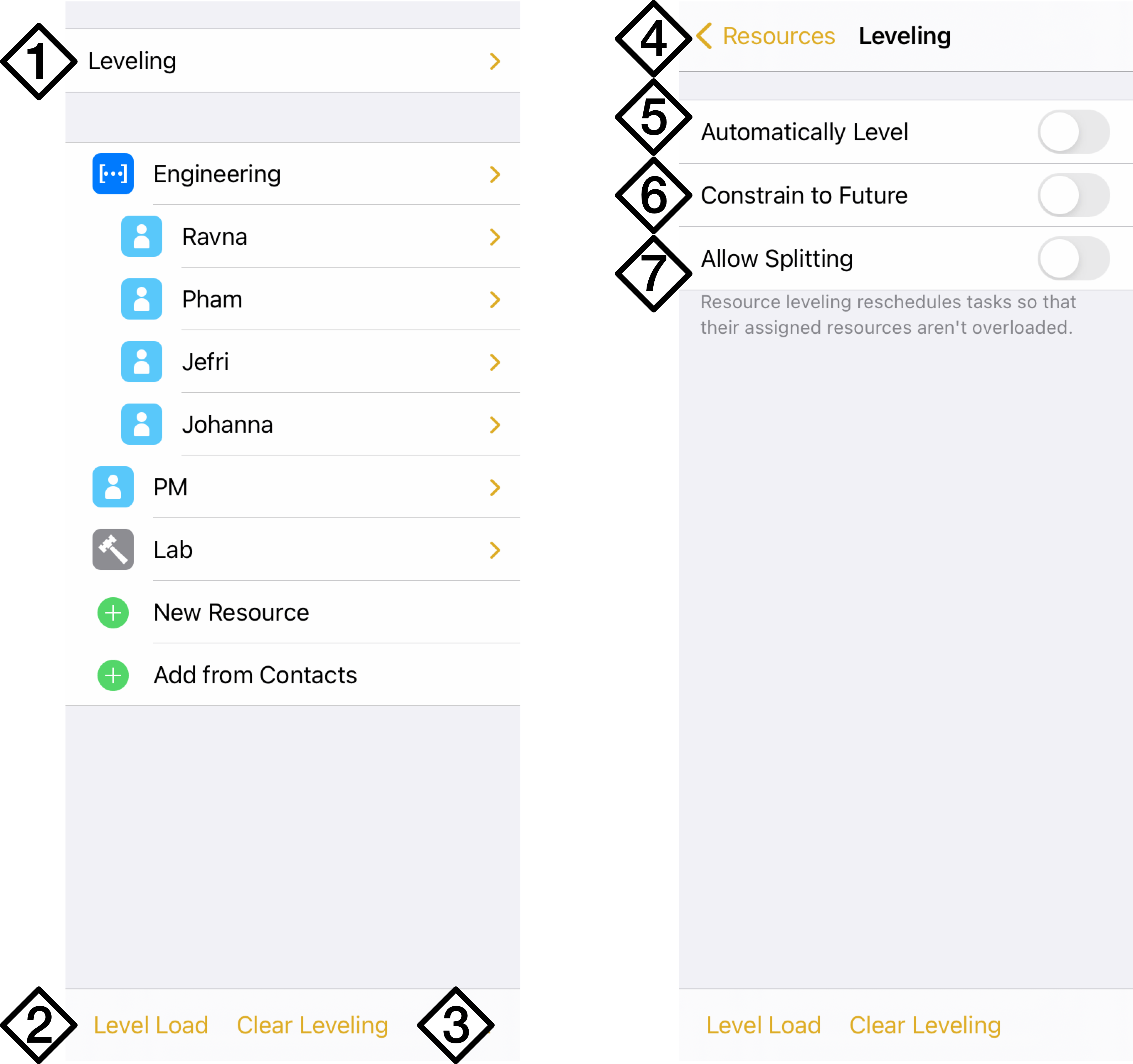 The leveling controls section of the Resources inspector.