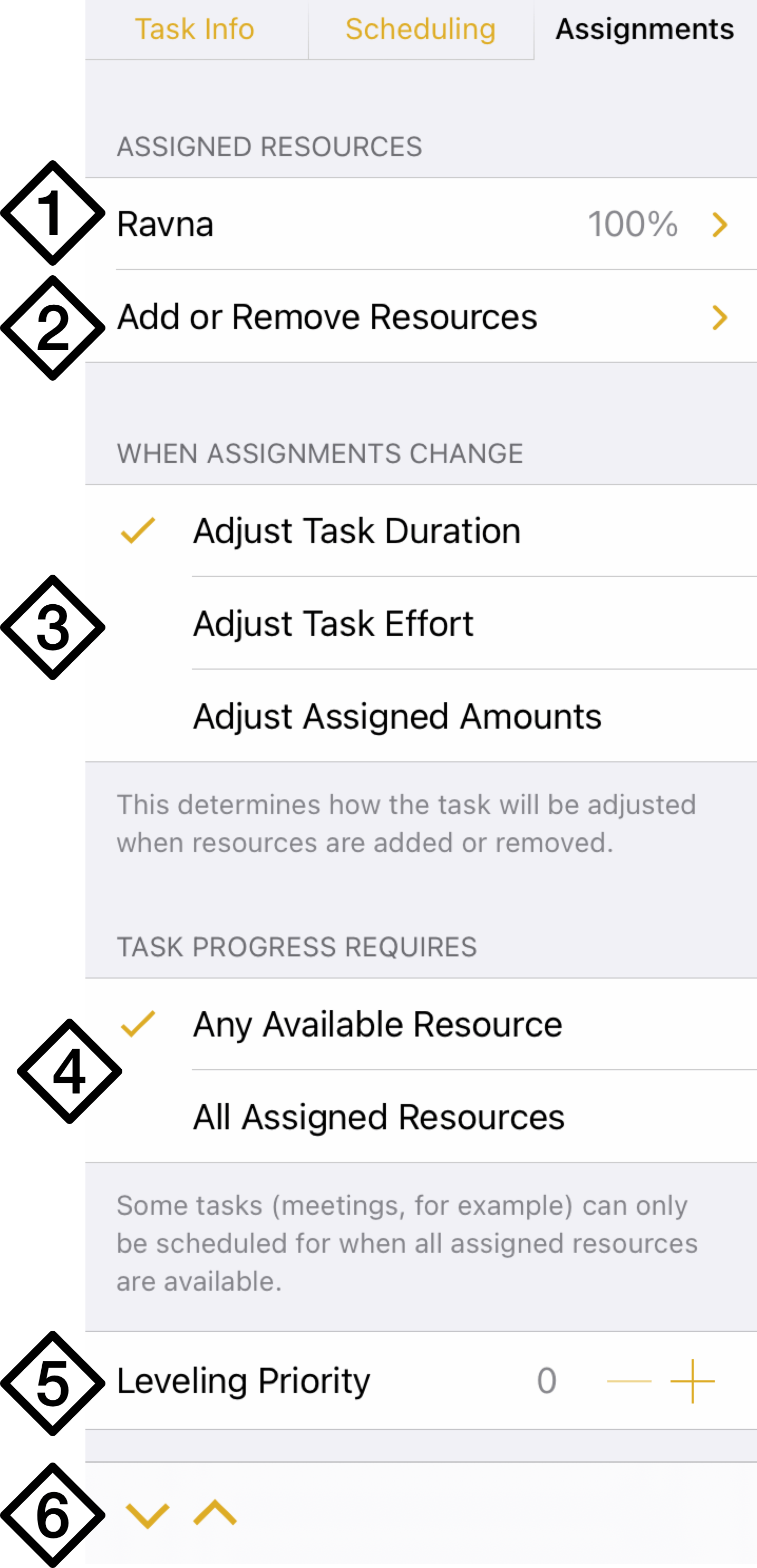 The Task Inspector's Assignments in OmniPlan 4 for iPad, iPhone, and Apple Vision Pro