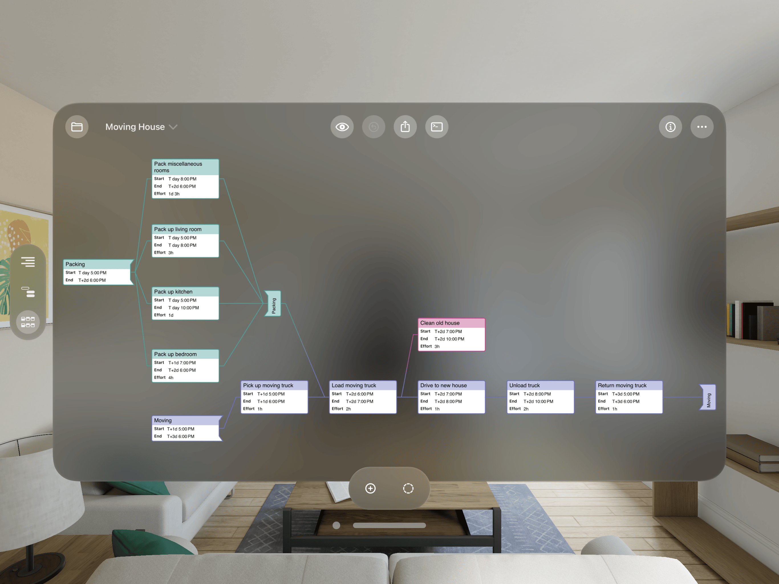 A project displayed in Network Diagram view in OmniPlan 4 for iPad, iPhone, and Apple Vision Pro.