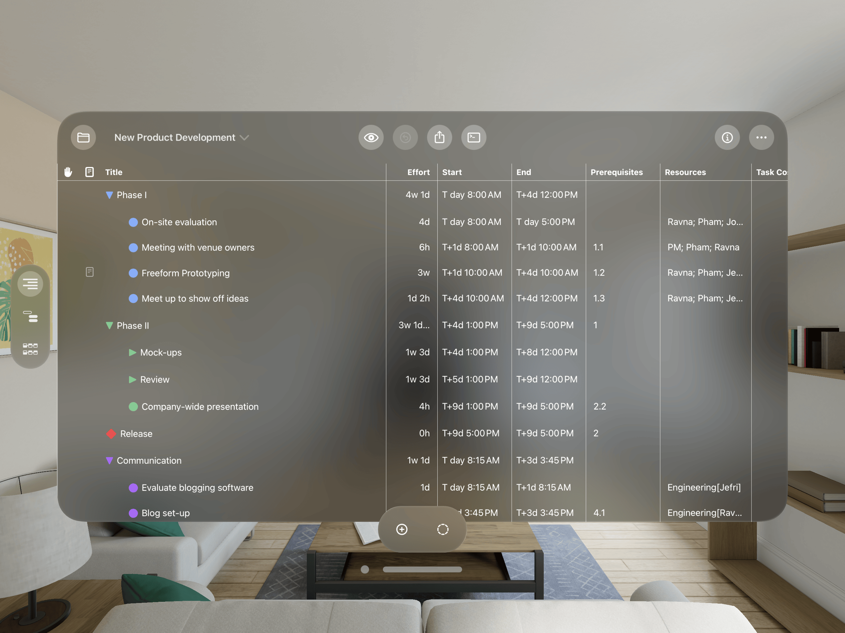 The Outline view in OmniPlan 4 for iPad, iPhone, and Apple Vision Pro.