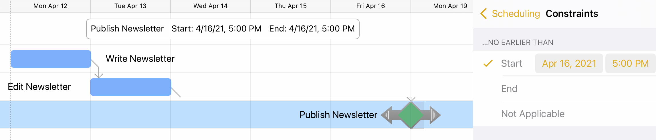 Setting a publish date for the newsletter milestone.