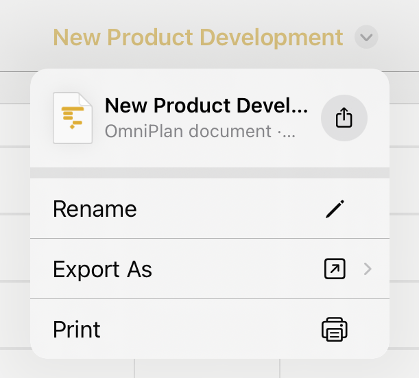 A screenshot of the document title menu in OmniPlan 4.5: a dropdown menu from the document title text in the toolbar with controls for renaming, exporting, and printing the document.