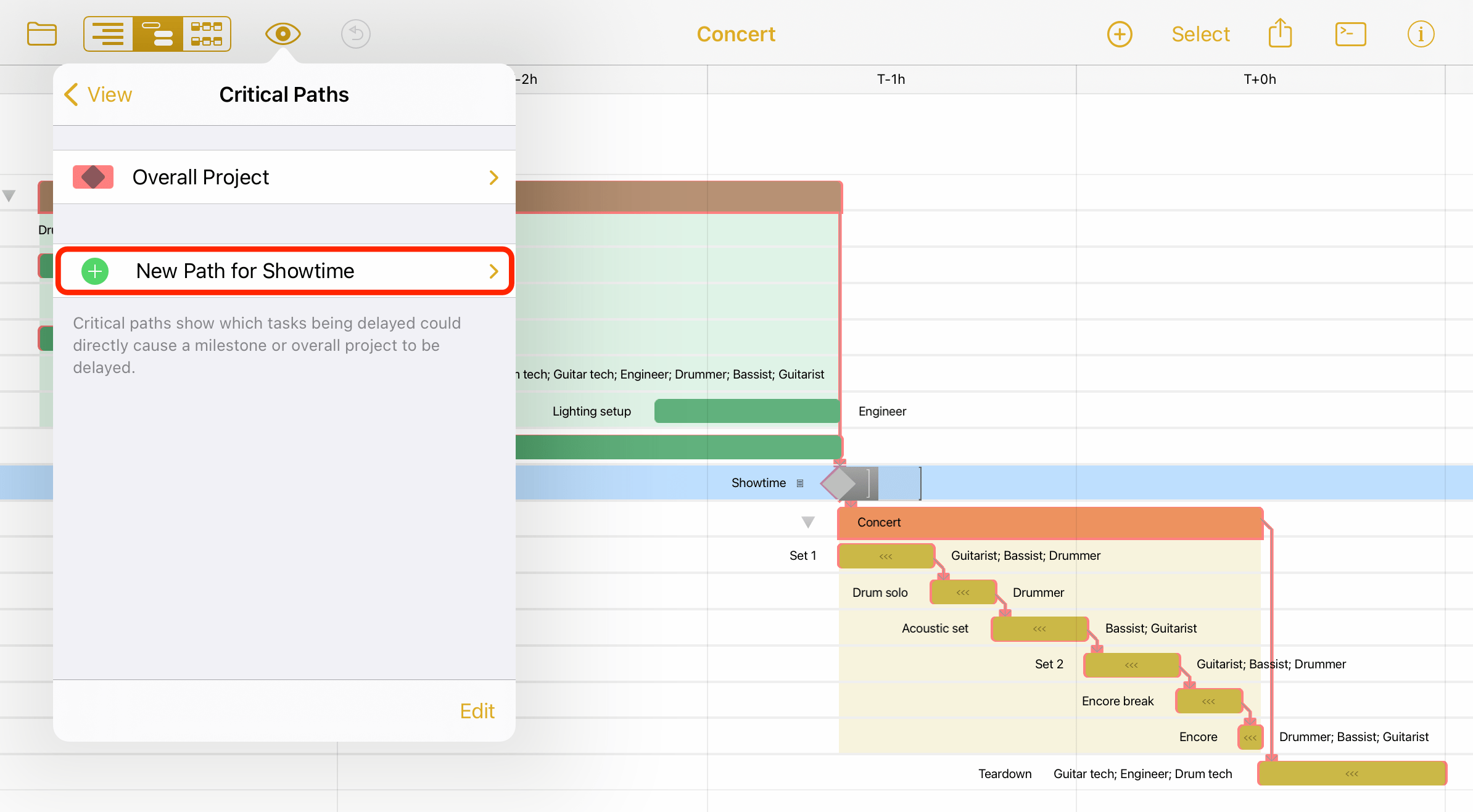 The Critical Paths menu.