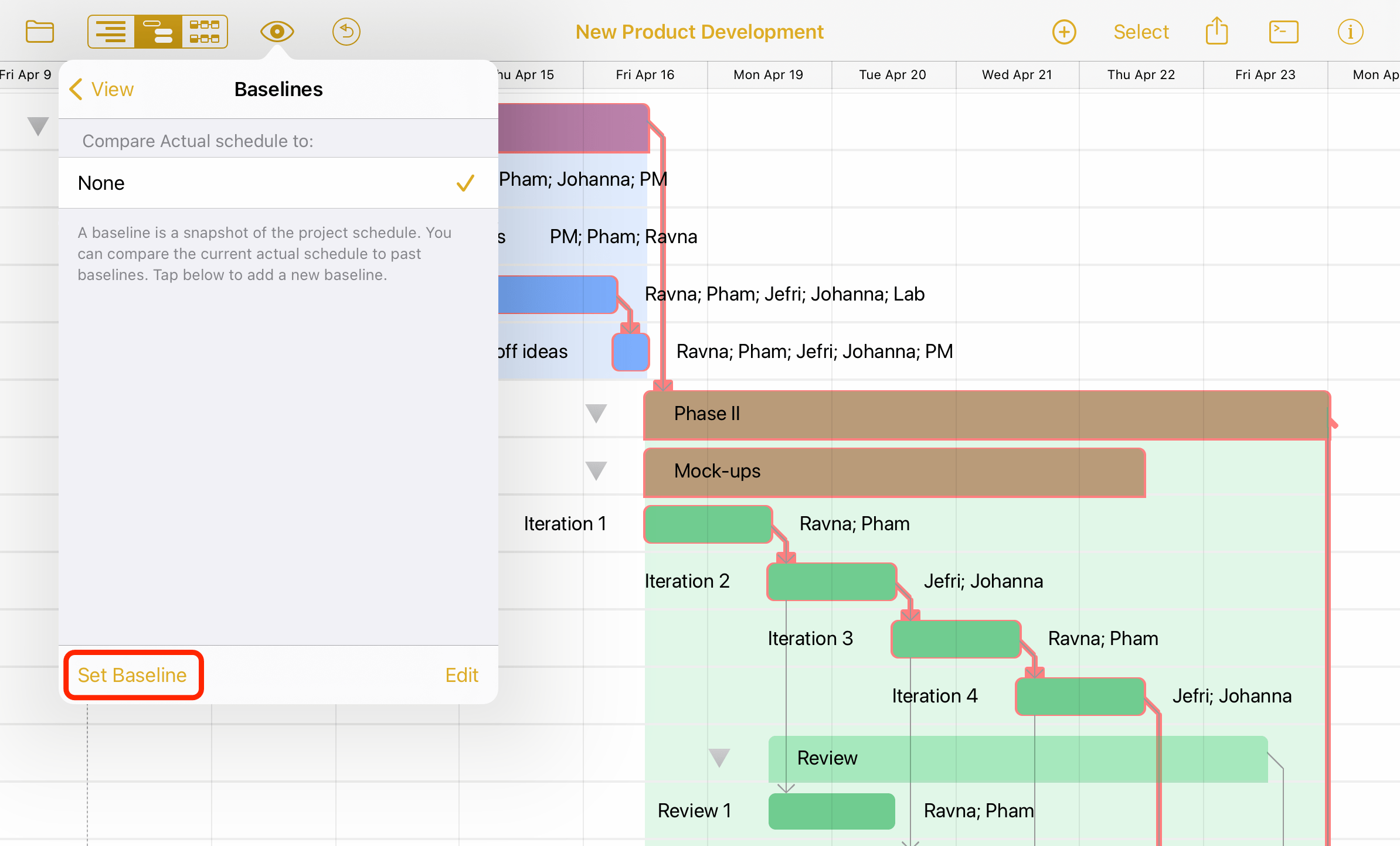 Setting a baseline in OmniPlan 4.