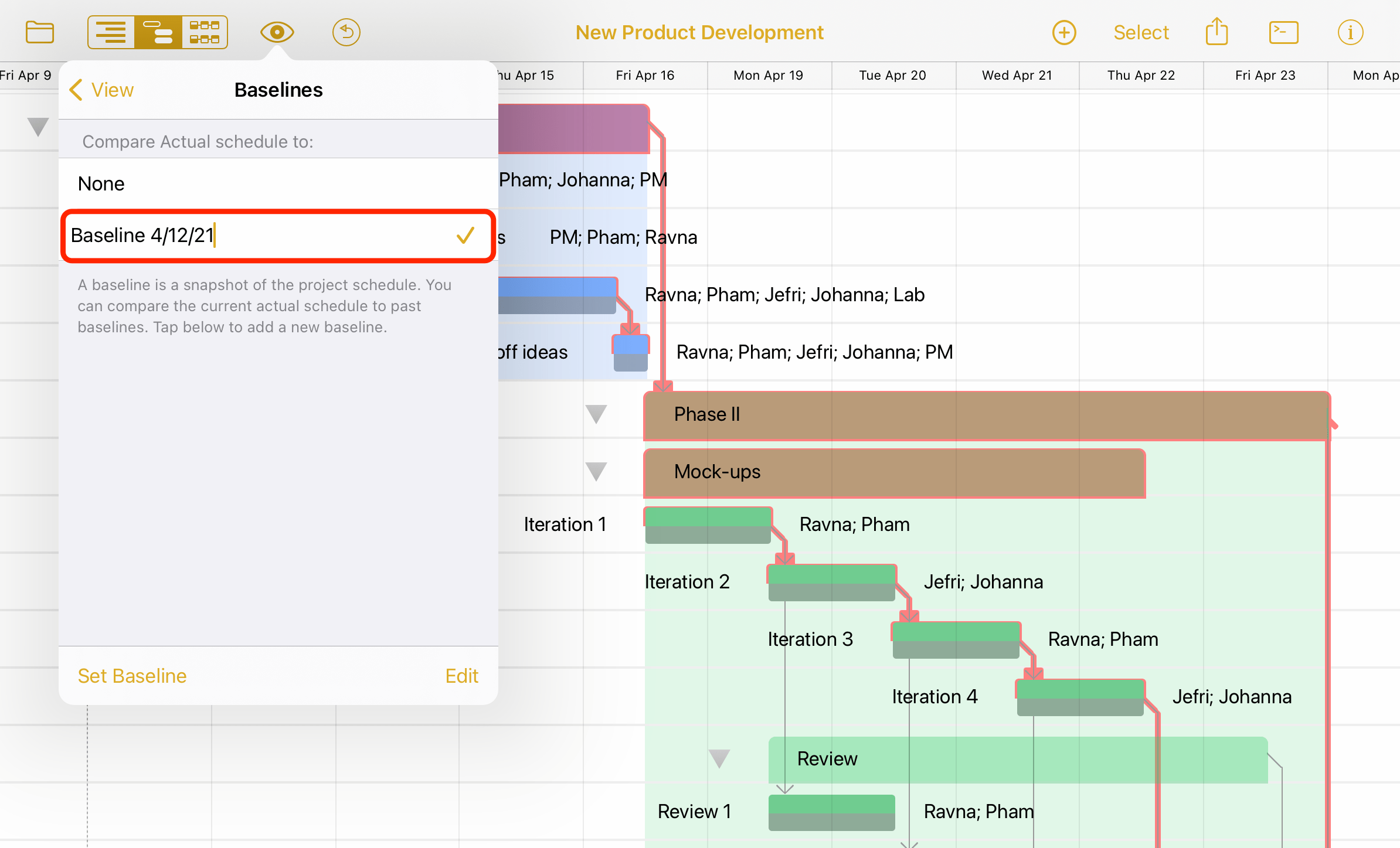 Comparing split actual versus baseline schedules.