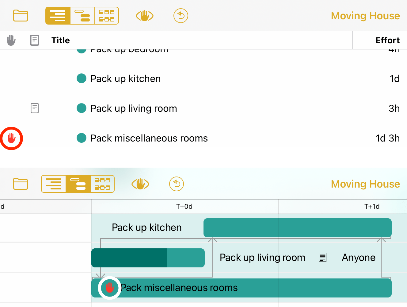 Violations on a task in Outline and Gantt views.