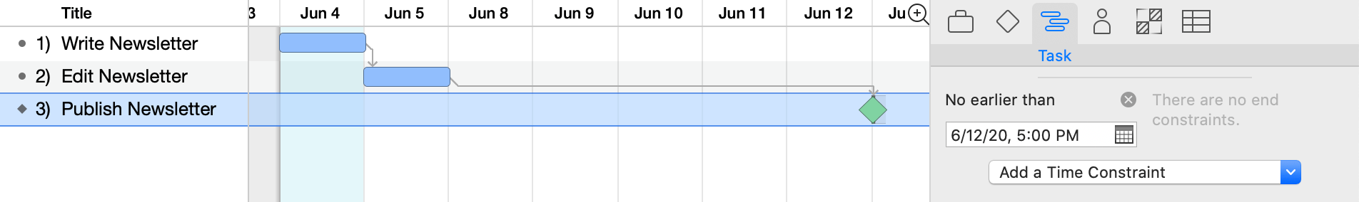 Setting a publish date for the newsletter milestone.