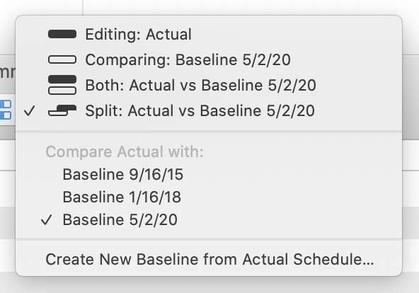 Choosing from among multiple baselines in the Baseline/Actual menu.