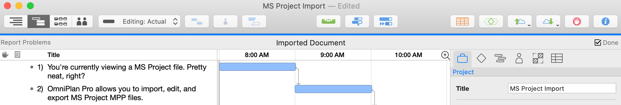 A Microsoft Project file open in OmniPlan Pro.