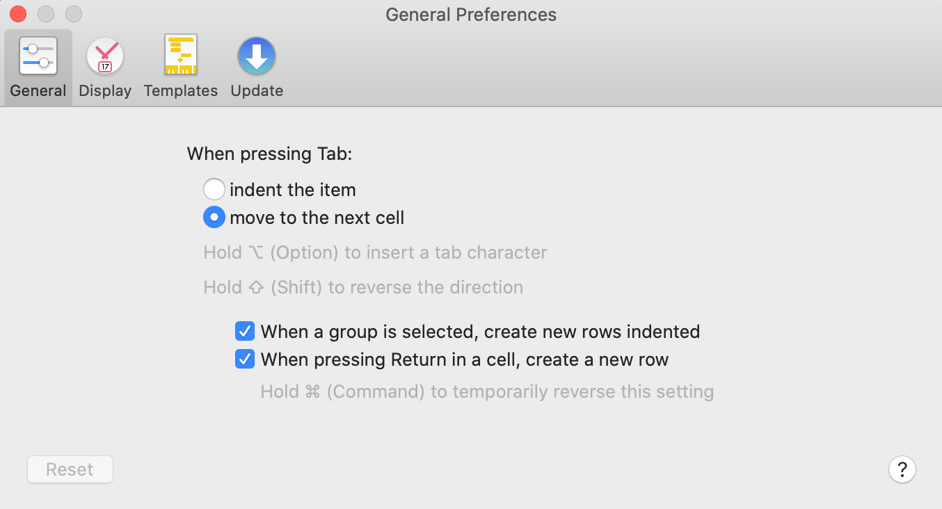 The General Preferences pane.