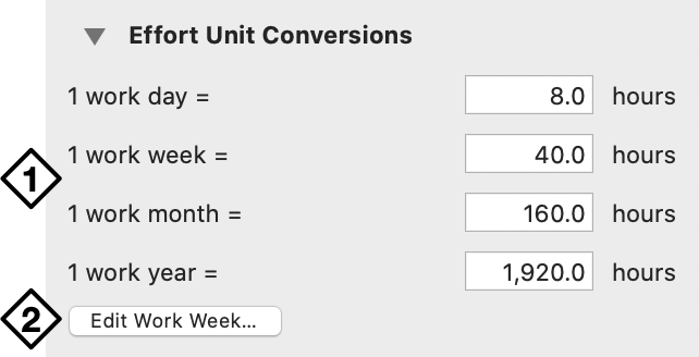 The Effort Unit Conversions section of the Project inspector.
