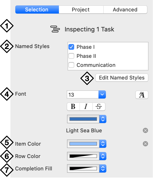 Selection styles in the Styles inspector.