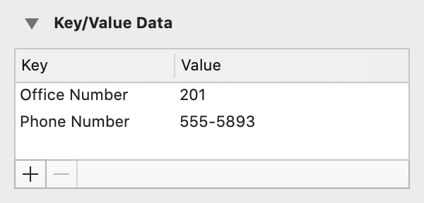 The Key/Value Data section of the Custom Data inspector.