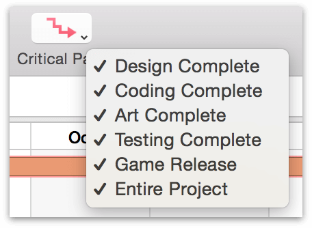 The Critical Path button in the toolbar, with the dropdown menu listing available milestones for critical path display.