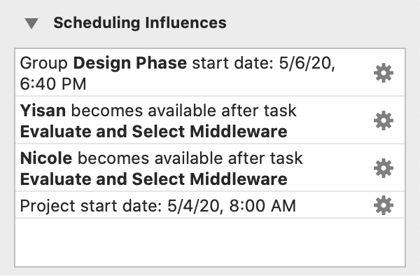 The Scheduling Influences section of the Task inspector.