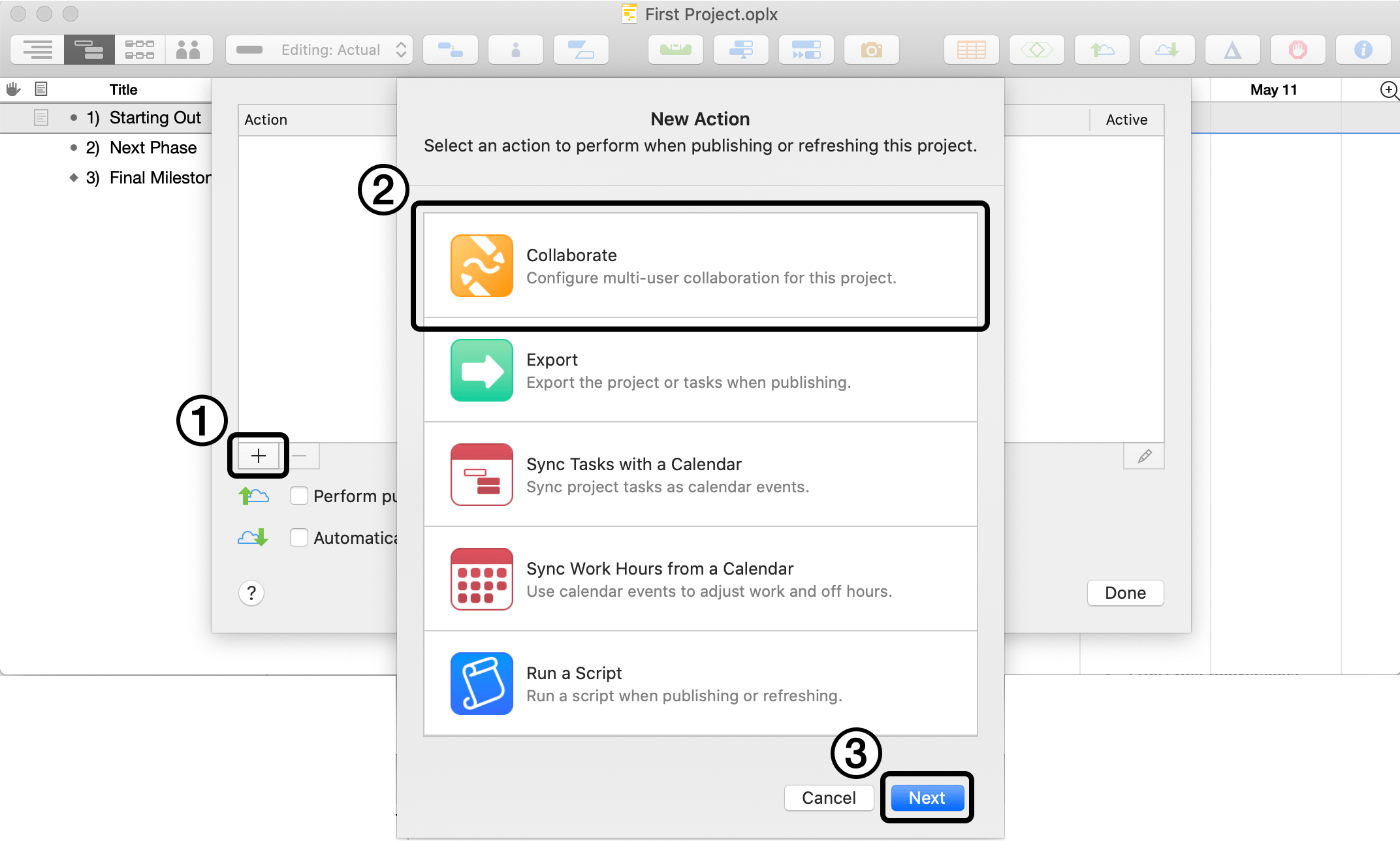 Setting up sharing options for a project in OmniPlan for Mac, Step 2.