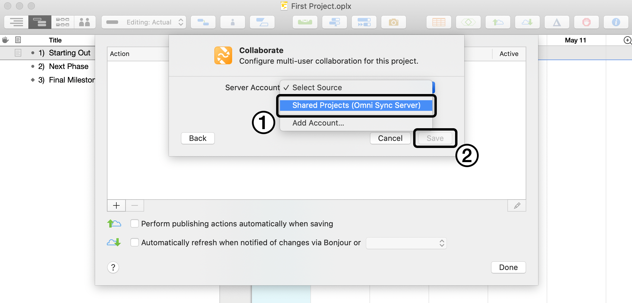 Setting up sharing options for a project in OmniPlan for Mac, Step 3.