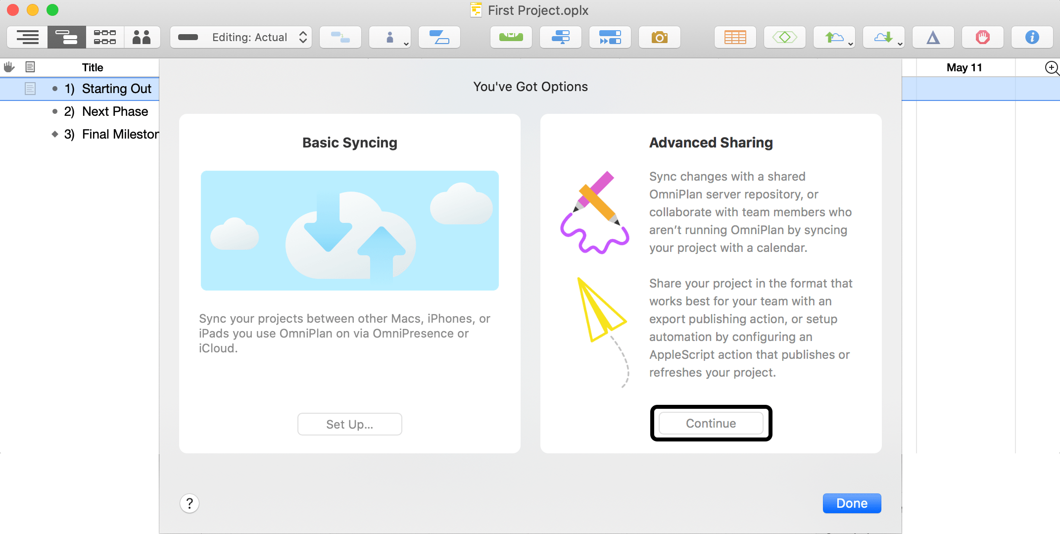 Setting up sharing options for a project in OmniPlan for Mac, Step 1.