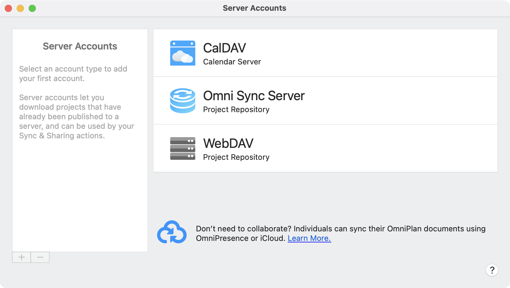 Setting up your first server account in the OmniPlan Server Accounts window by choosing from among the available account types.