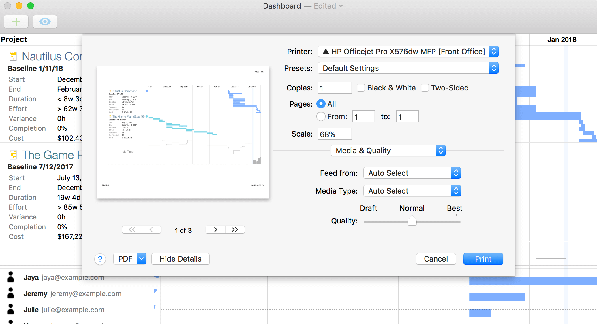 A dashboard with its associated Print dialog open.