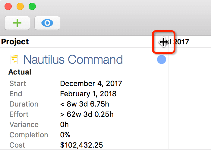 Resizing the first column by clicking on the resizing handle in the header