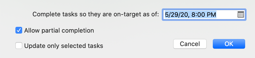 Using the Catch Up button to bring task completion up to the chosen date.