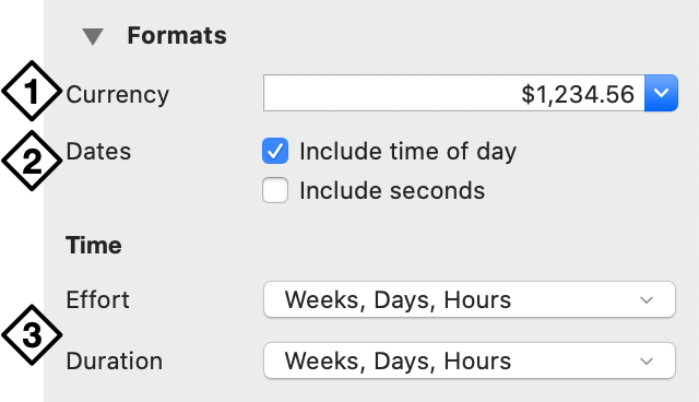 The Formats section of the Project inspector.