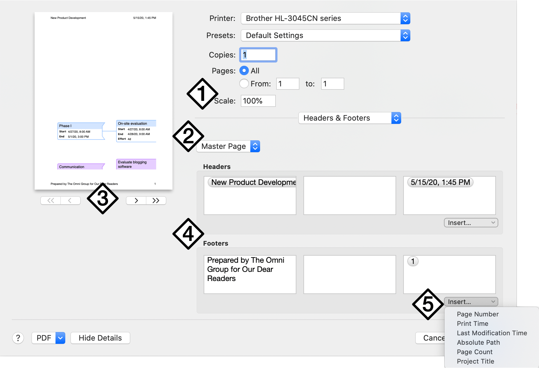 Header and footer customization options.